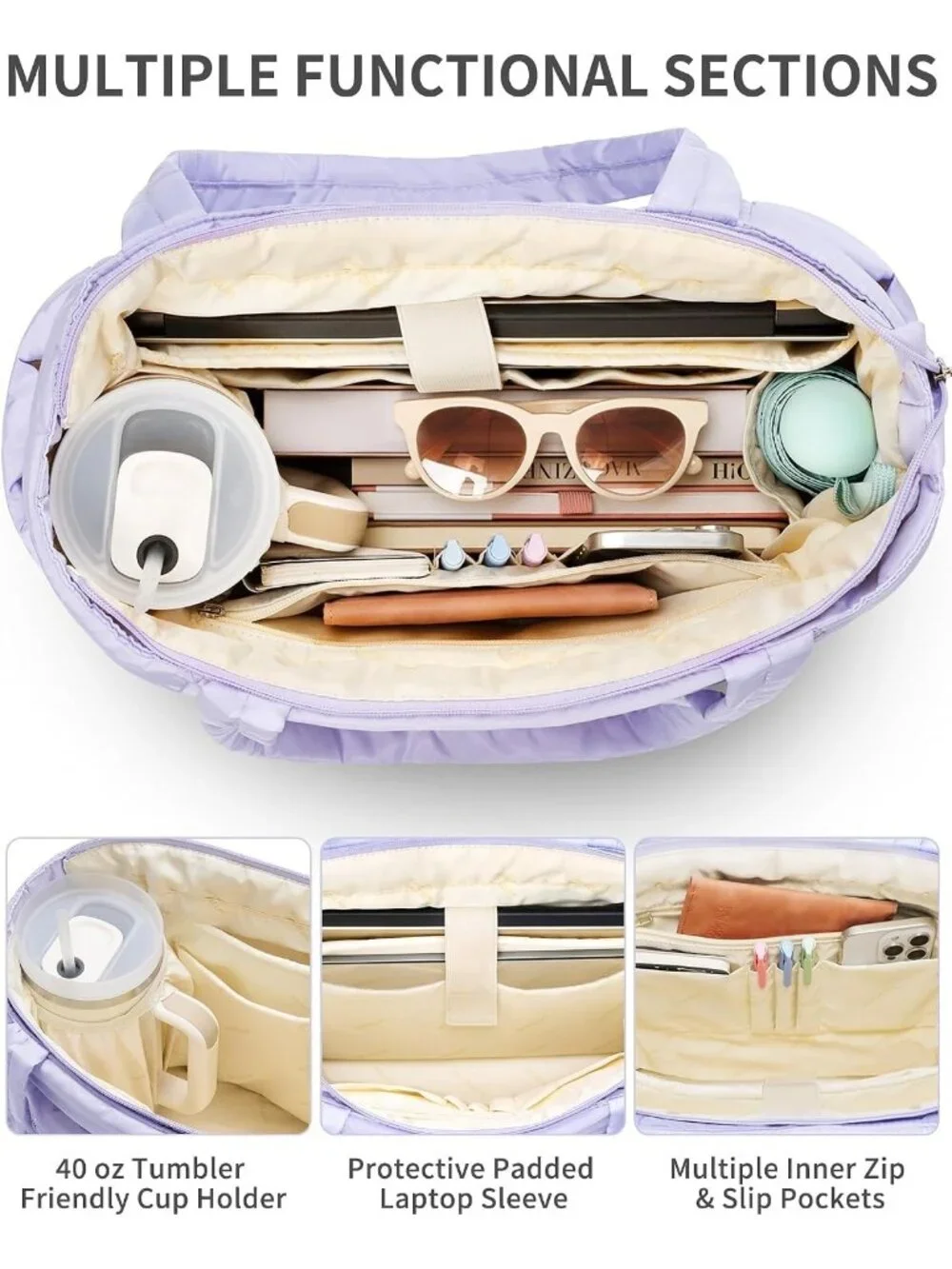 👜Women's Purple Puffer Tote Bag 16 Pockets Work Gym Travel Laptop Handbag